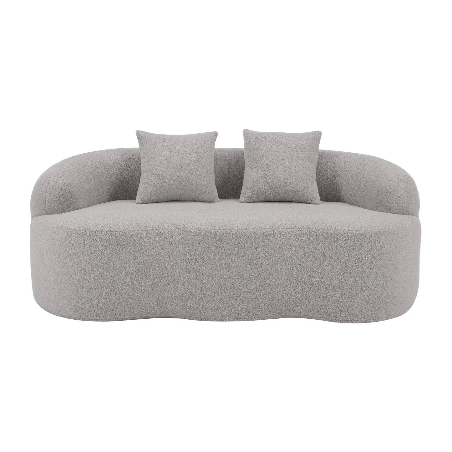 Curved loveseat sofa in light gray boucle fabric with round armrests and two cushions on Tampa Home & Garden Store