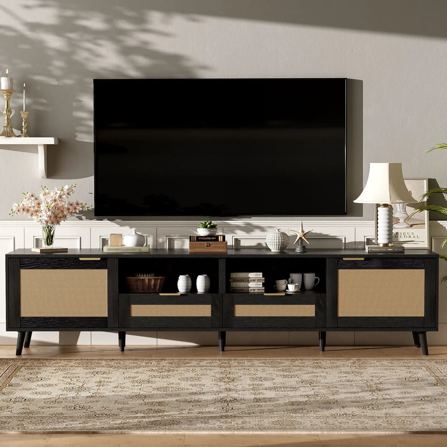 Rattan and Solid Wood TV Stand With Cable