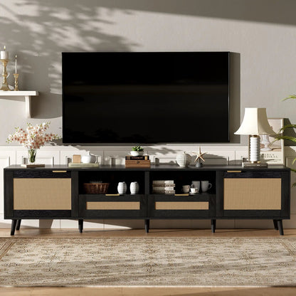 Rattan and Solid Wood TV Stand With Cable