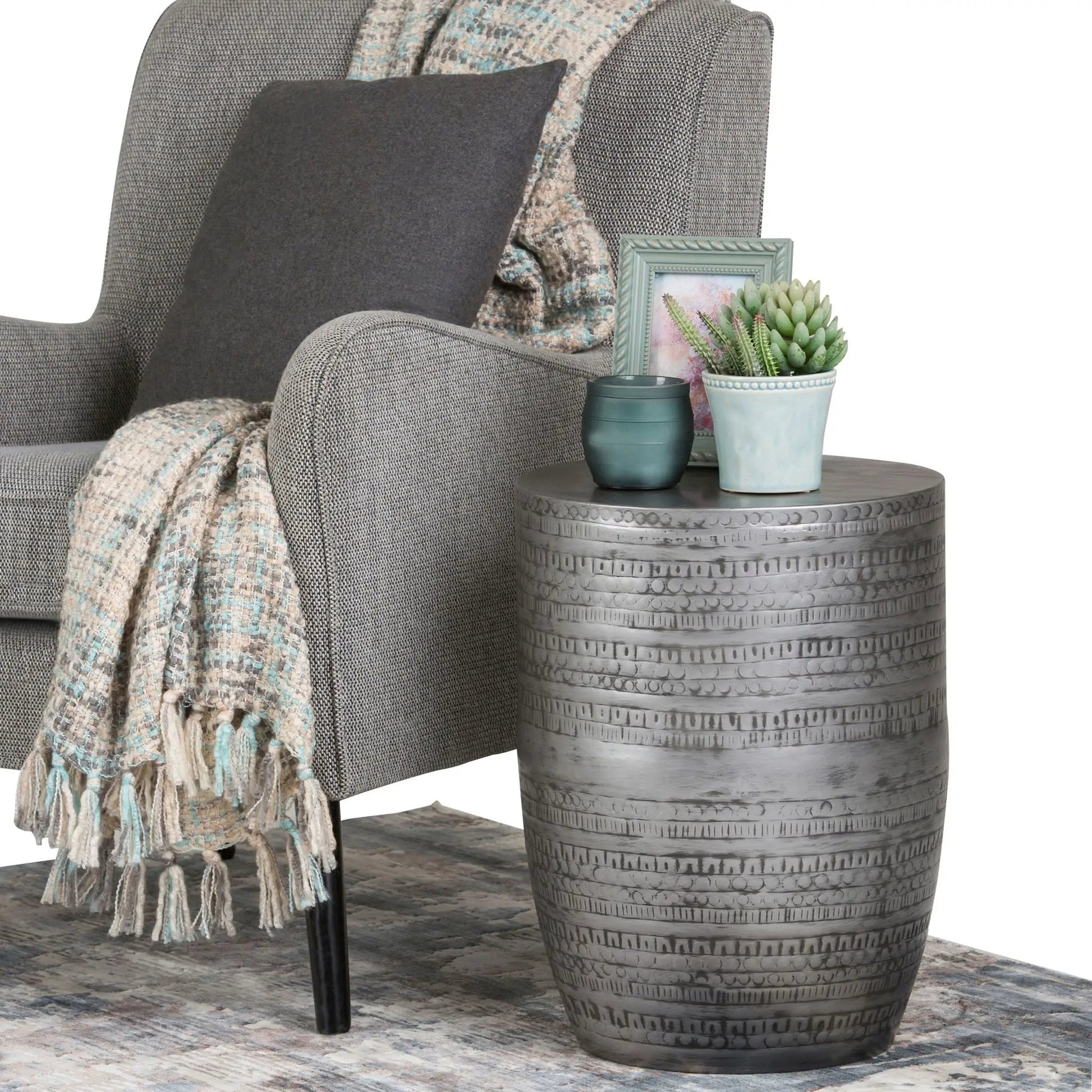 Johnsen Handcrafted Large Metal Accent Table, stacked drum-style metal finish, Unique Piece Furniture on Tampa Home & Garden Store