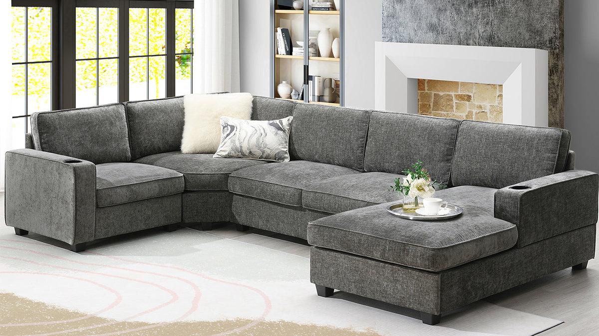 117.5 U-Shaped Sectional Sofa gray fabric by HouseOfZazla with chaise on Tampa Home & Garden Store