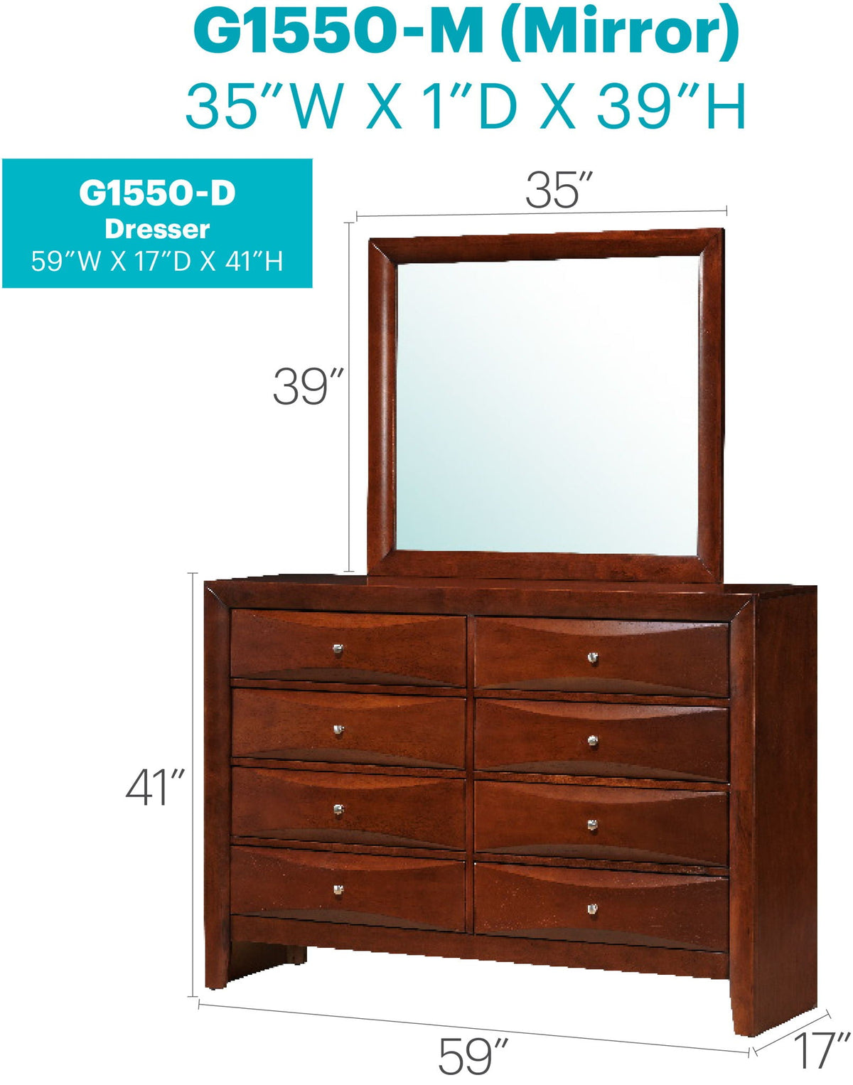 Marilla Dresser with Molded Resin Drawer Fronts in dark wood finish with framed mirror on Tampa Home & Garden Store