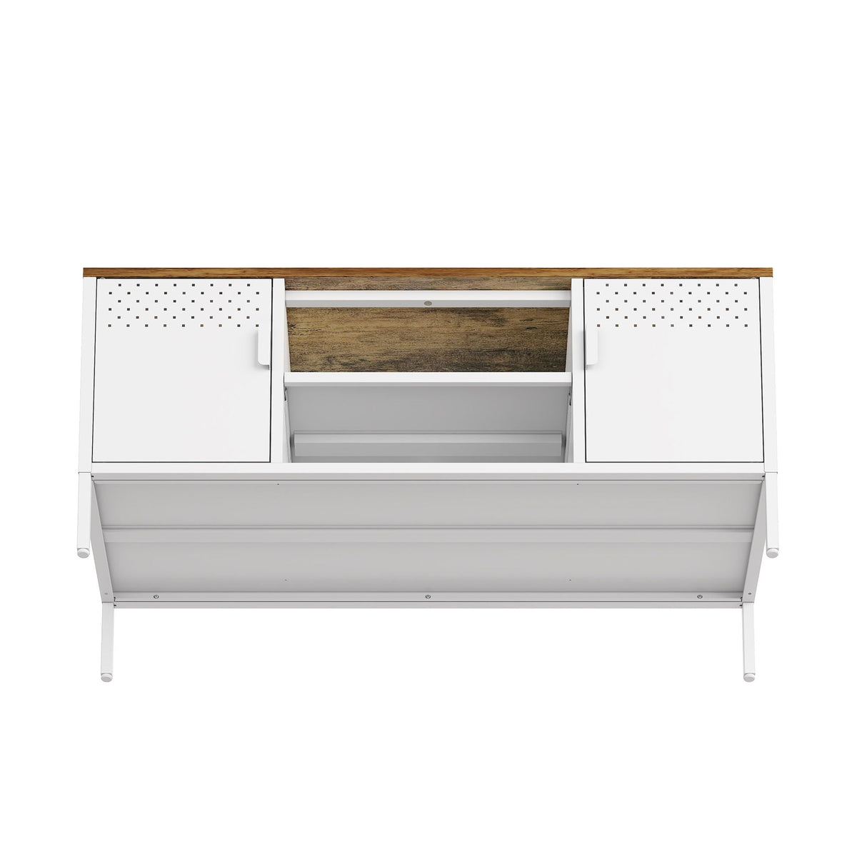 Storage TV stand with steel frame and dual white perforated cabinets, wood top on Tampa Home & Garden Store