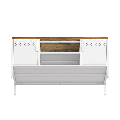 Storage TV stand with steel frame and dual white perforated cabinets, wood top on Tampa Home & Garden Store