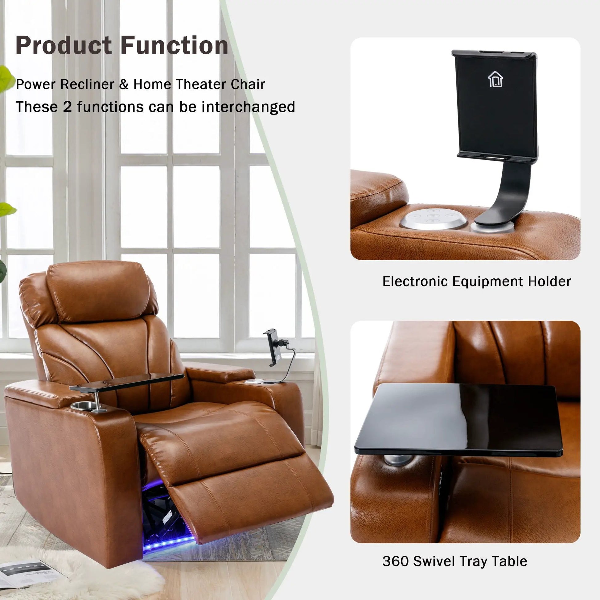 Power motion recliner brown leather with USB, cup holder, 360 swivel tray table on Tampa Home & Garden Store