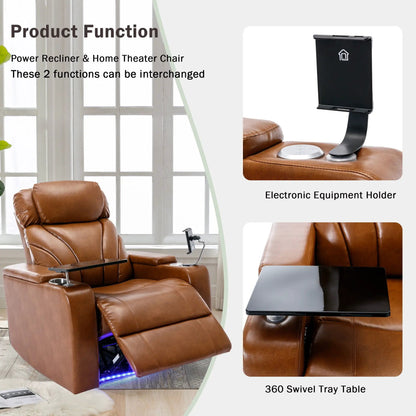 Power motion recliner brown leather with USB, cup holder, 360 swivel tray table on Tampa Home & Garden Store