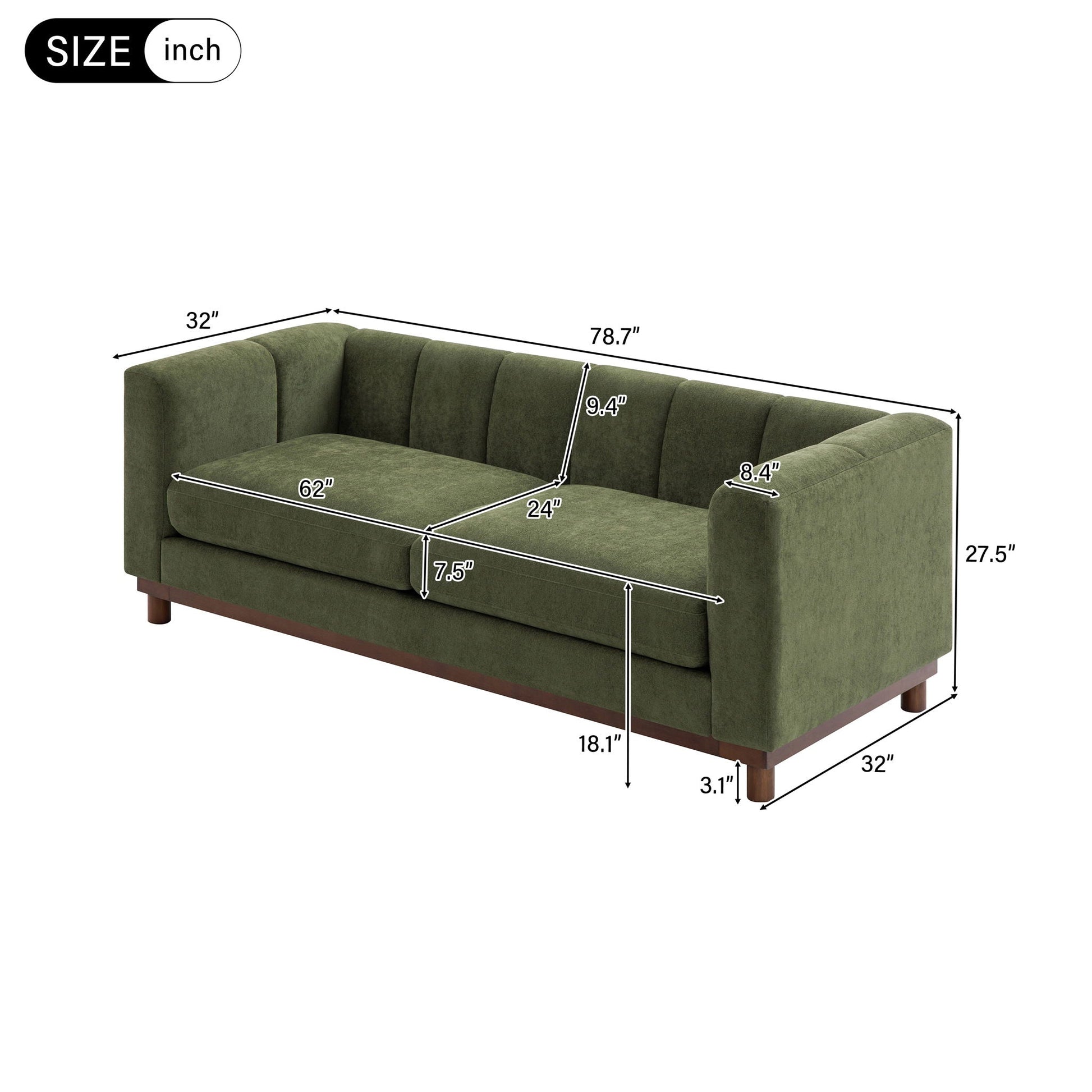 Soft Loveseat Sofa For Living Room by HouseOfZazla, green fabric stationary loveseat with wood legs on Tampa Home & Garden Store