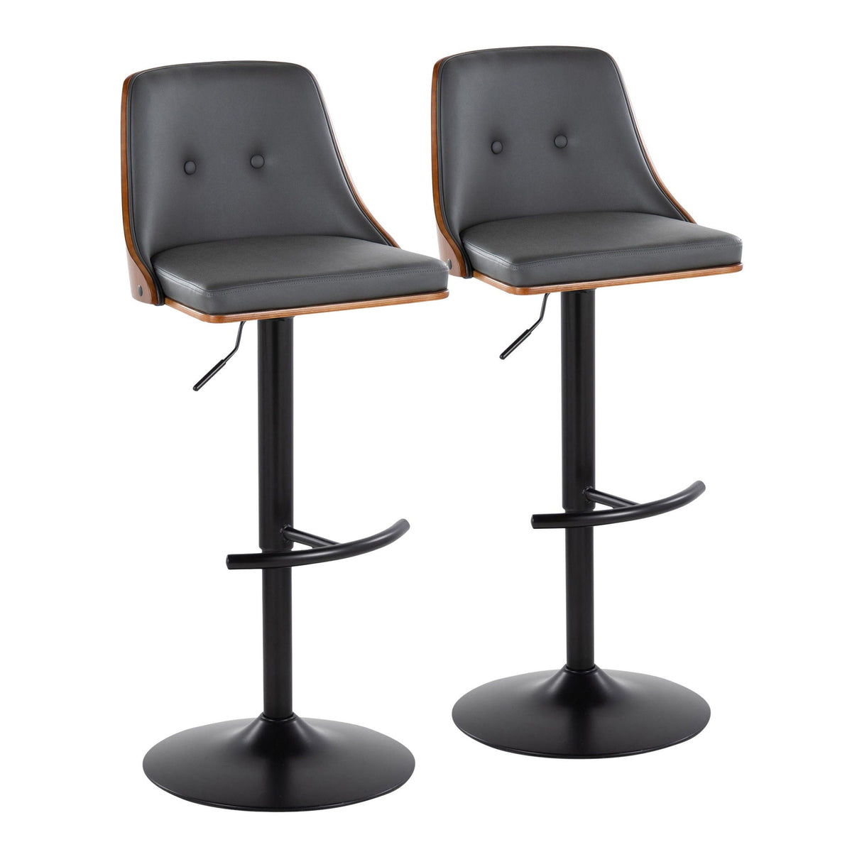 Mid Century Modern adjustable barstool pair, gray upholstery, wood trim, T-footrest, swivel on Tampa Home & Garden Store