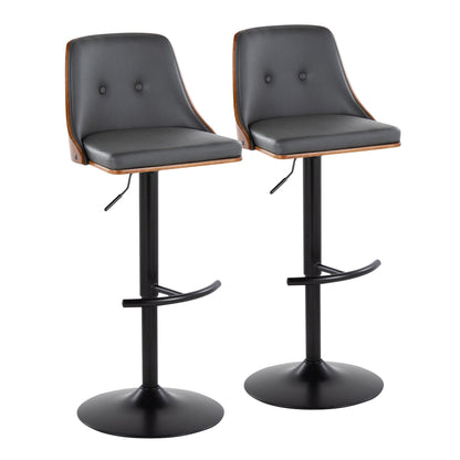 Mid Century Modern adjustable barstool pair, gray upholstery, wood trim, T-footrest, swivel on Tampa Home & Garden Store