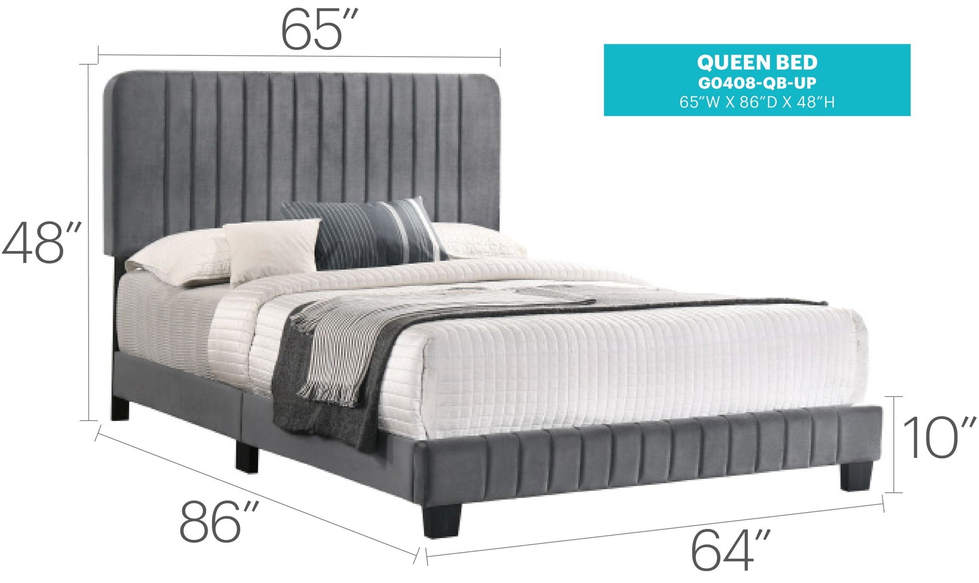 Channel Tufted Bed in gray upholstery with vertical channels, Queen size by HouseOfZazla on Tampa Home & Garden Store