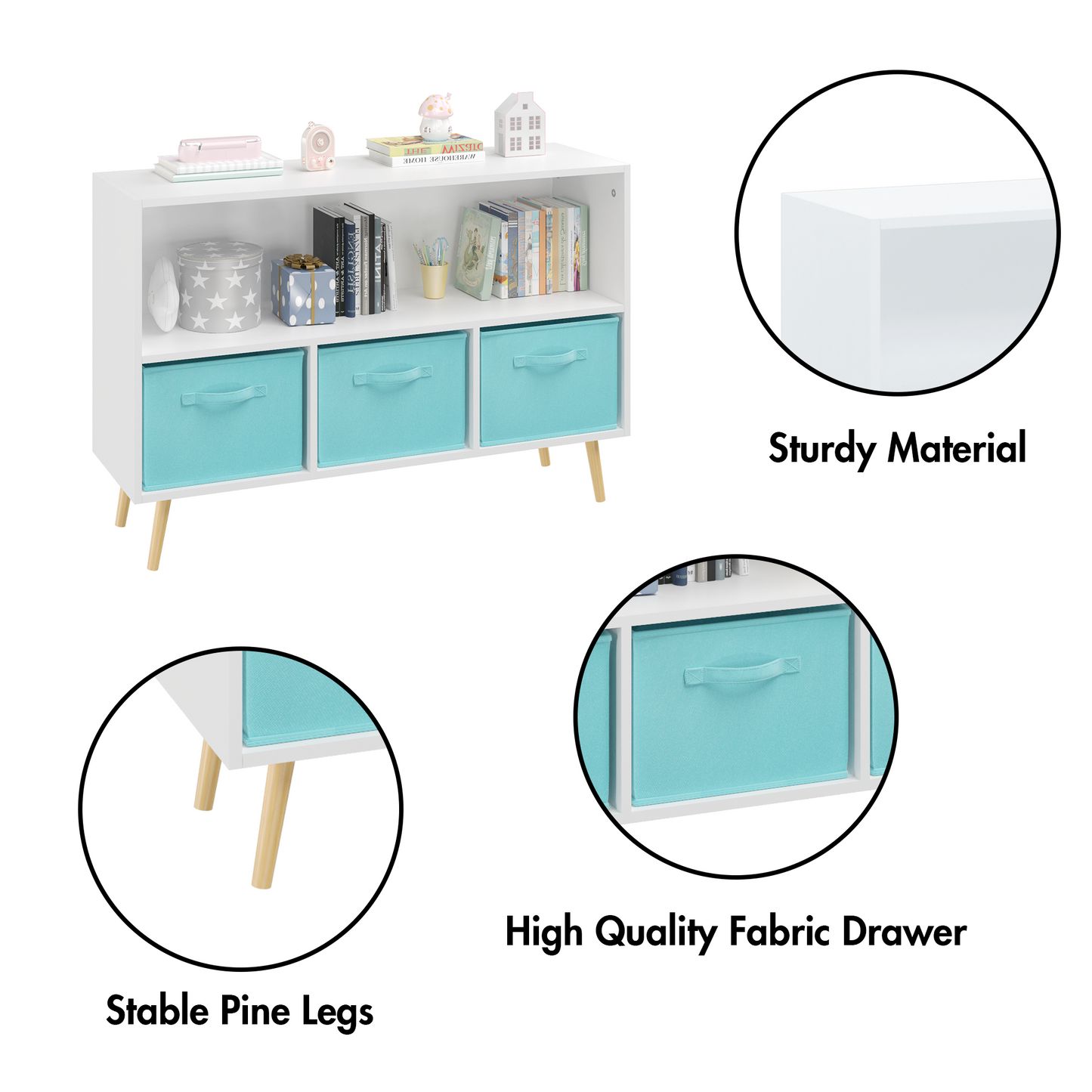 Kids bookcase with Collapsible Fabric Drawers Children's Book Display Toy Storage Cabinet Organizer White/Blue - Tampa Home & Garden Store