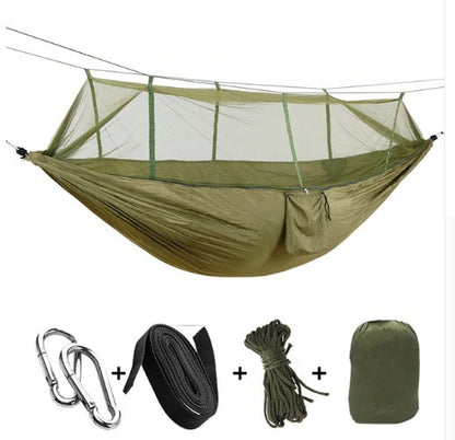 Army green outdoor parachute hammock with mosquito net; includes 2 carabiners, strap, rope, bag on Tampa Home & Garden Store