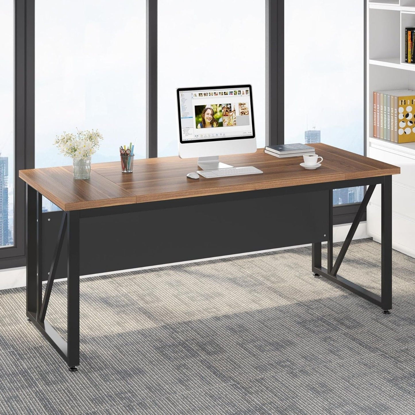 L-shaped executive desk in brown wood with black metal frame and mobile file cabinet HouseOfZazla on Tampa Home & Garden Store