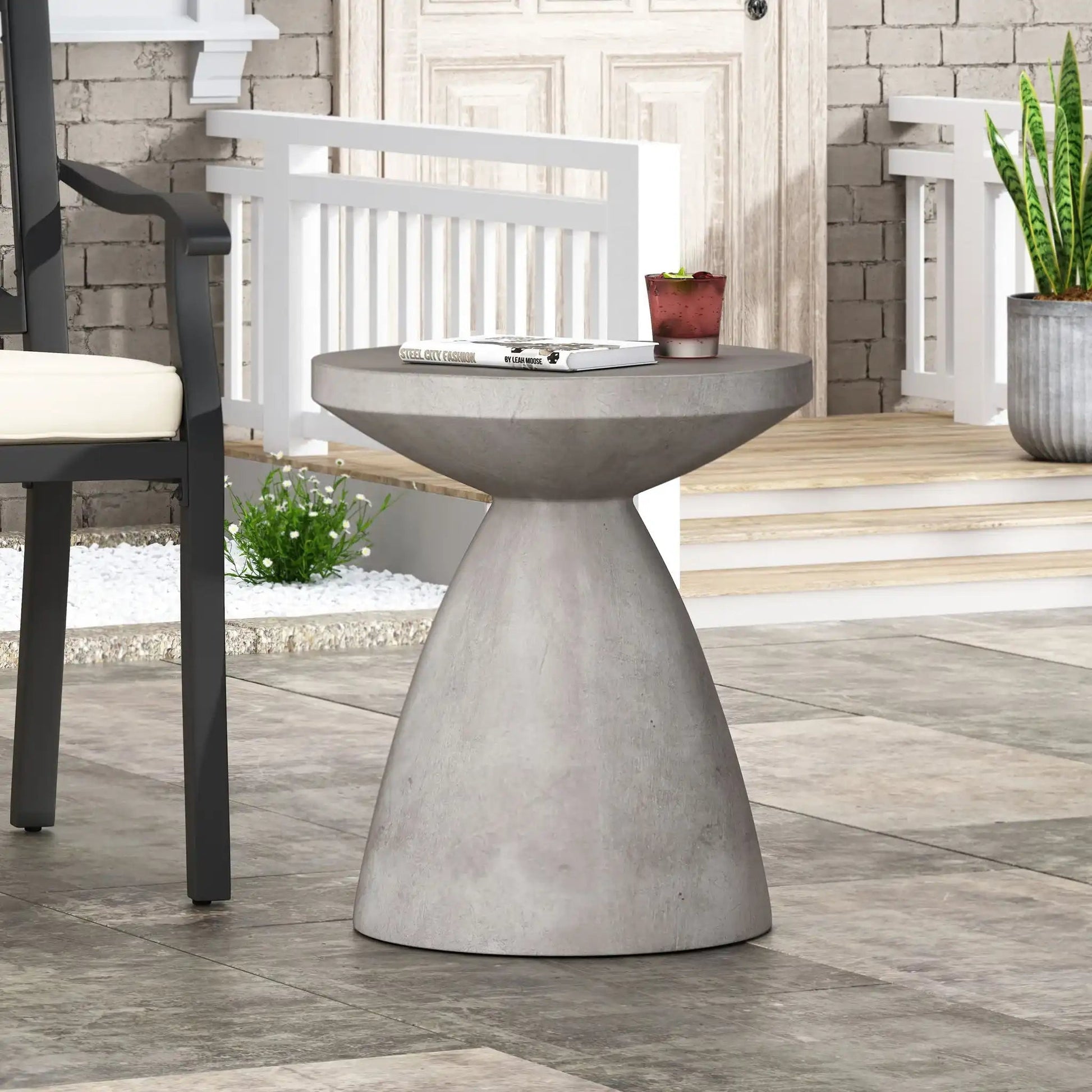 HouseOfZazla lightweight concrete outdoor/indoor side table, round gray pedestal base on Tampa Home & Garden Store
