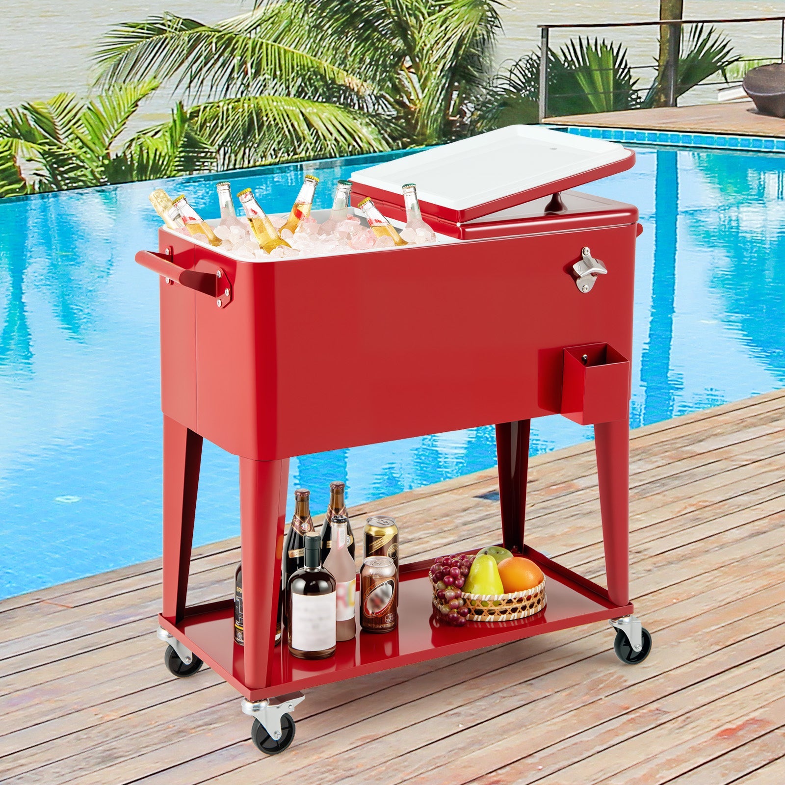 GemGear red portable patio cooler on wheels with bottom storage shelf and bottle opener on Tampa Home & Garden Store