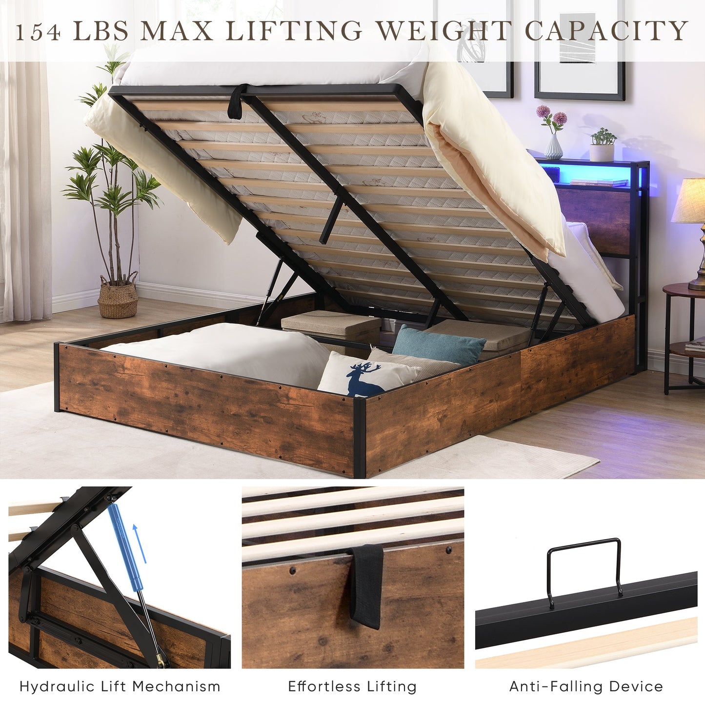 Elevating storage bed frame, full-size bed frame with bookshelf headboard and LED lights, with country brown color - Tampa Home & Garden Store
