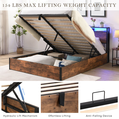Elevating storage bed frame, full-size bed frame with bookshelf headboard and LED lights, with country brown color - Tampa Home & Garden Store