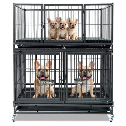42-inch stackable dog crate 43T+WHLP02 on wheels with two levels and five French bulldogs on Tampa Home & Garden Store