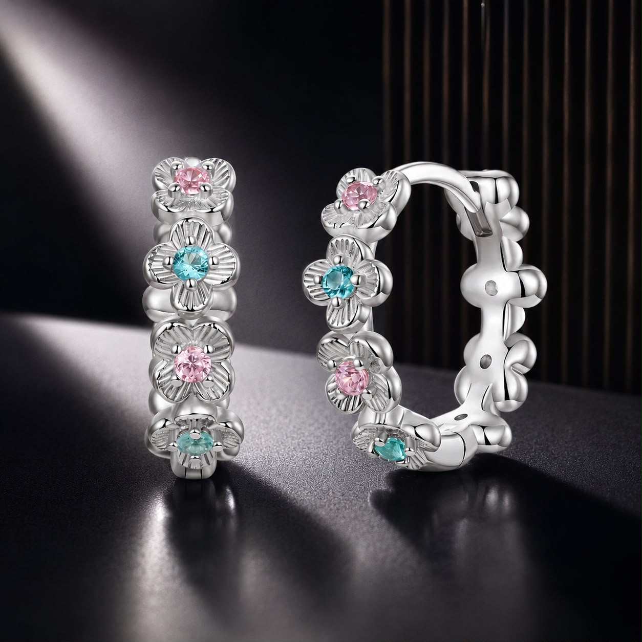 Pair hoop earrings 925 sterling silver with floral design and pink turquoise stones, white gold on Tampa Home & Garden Store
