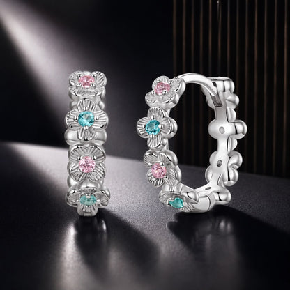 Pair hoop earrings 925 sterling silver with floral design and pink turquoise stones, white gold on Tampa Home & Garden Store