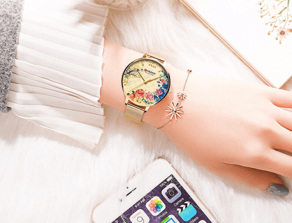 Women's Stevvex watch with decoupage floral dial and large Roman numerals, gold mesh band on Tampa Home & Garden Store