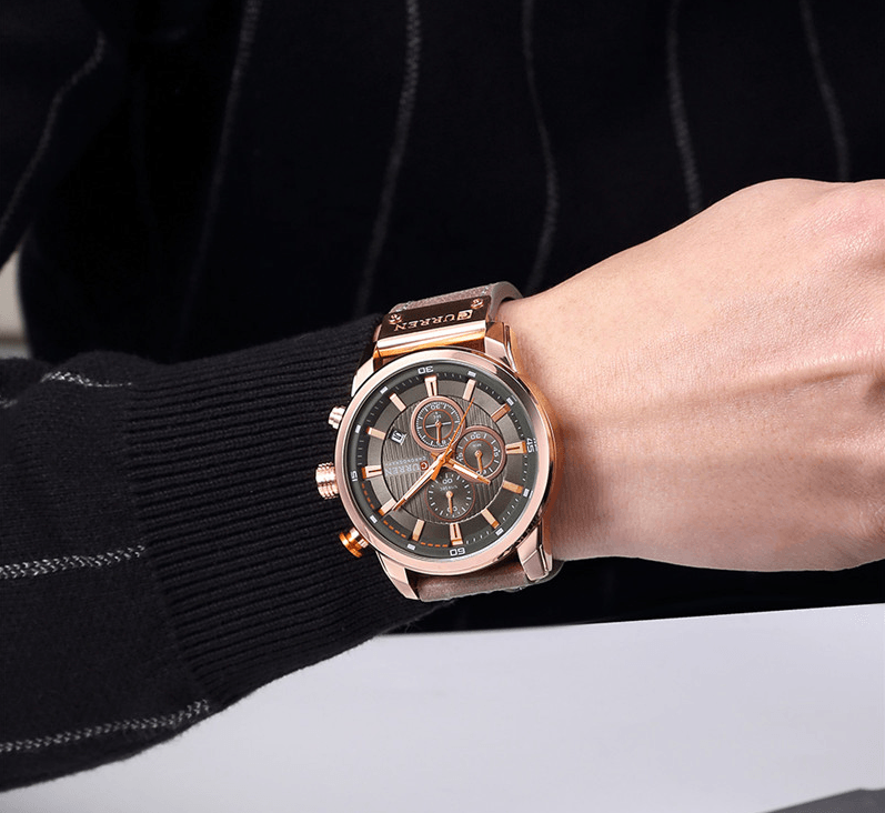 Stevvex men's waterproof sport watch with chronograph, brown leather strap, rose gold case on Tampa Home & Garden Store