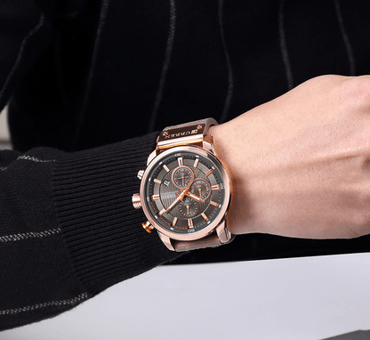 Stevvex men's waterproof sport watch with chronograph, brown leather strap, rose gold case on Tampa Home & Garden Store
