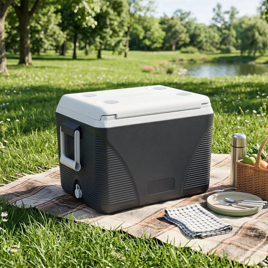 43 Quart Portable Hard Cooler with Cup Holders black DirectDeals on picnic blanket in park on Tampa Home & Garden Store
