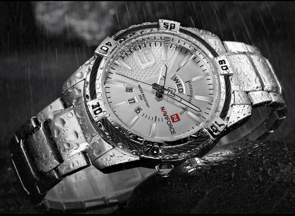 Stevvex men's luxury stainless steel waterproof watch with day-date display, silver band on Tampa Home & Garden Store