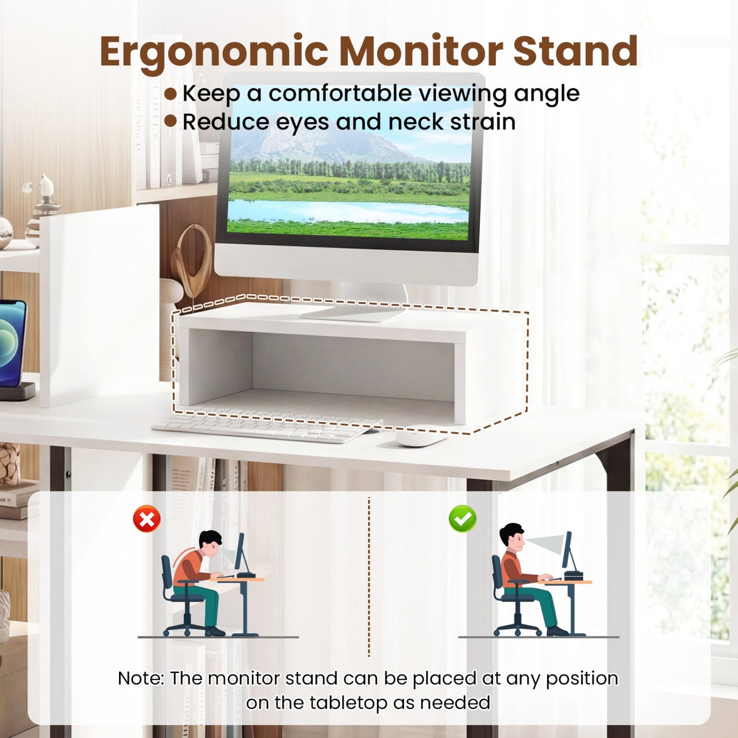 43.5" Computer Desk with Charging Station and Ergonomic Monitor Stand-White