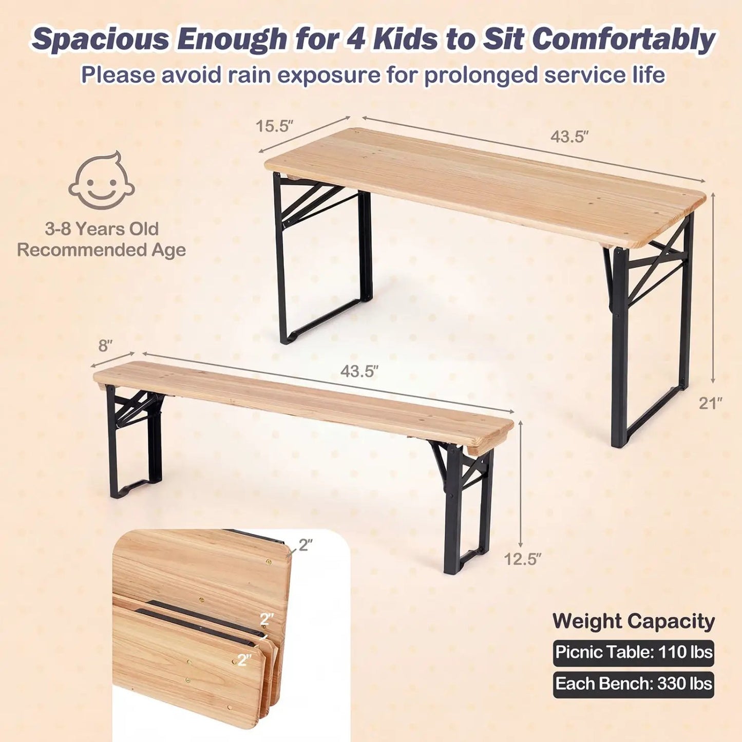 Folding Kids Picnic Table and Bench Set Wood