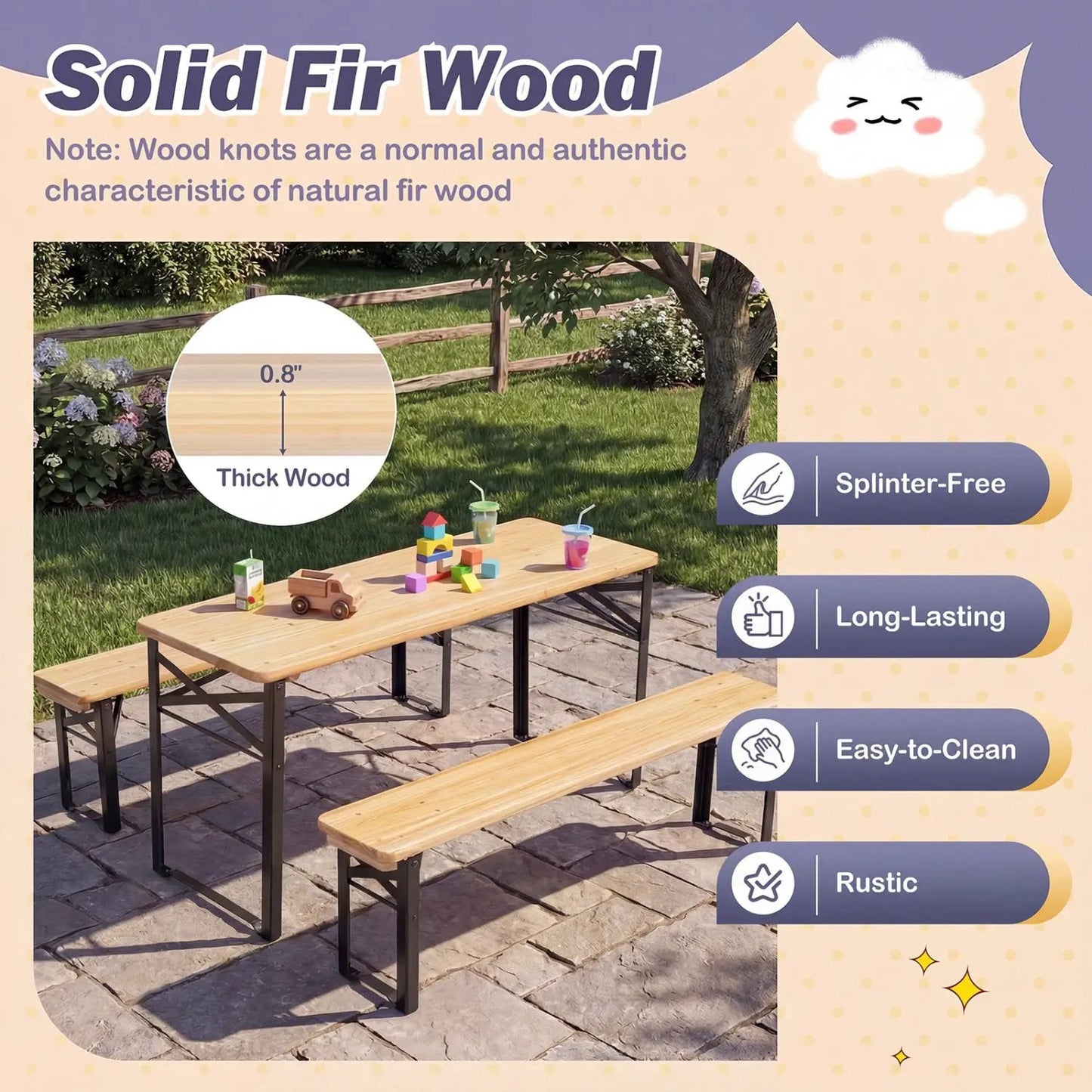 Folding Kids Picnic Table and Bench Set Wood