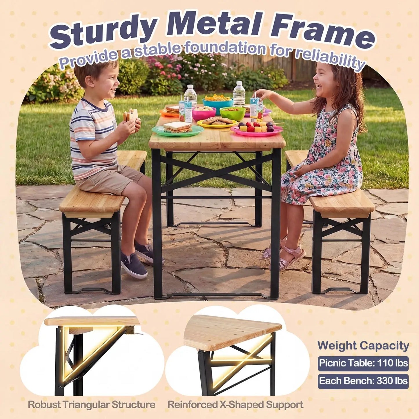 Folding Kids Picnic Table and Bench Set Wood