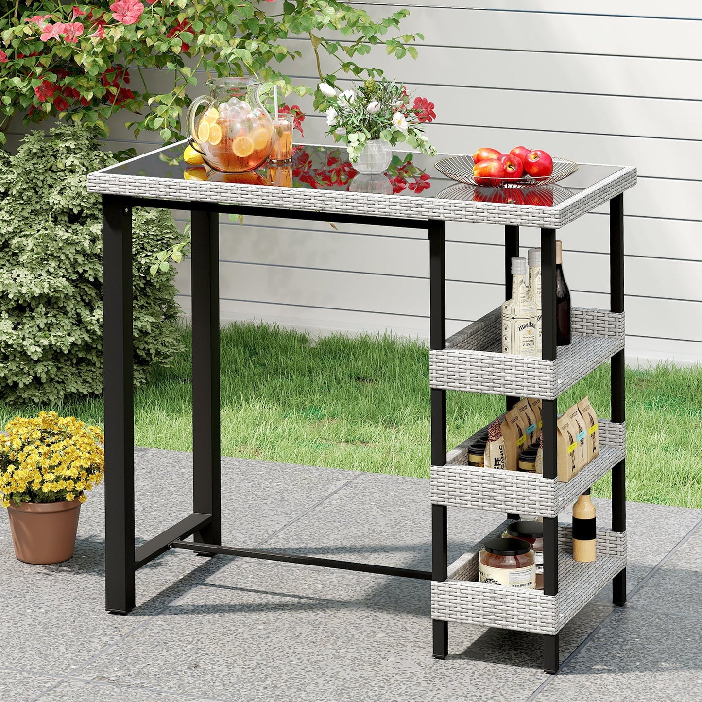 43.5 Inch Outdoor Bar Table with Tempered Glass Top