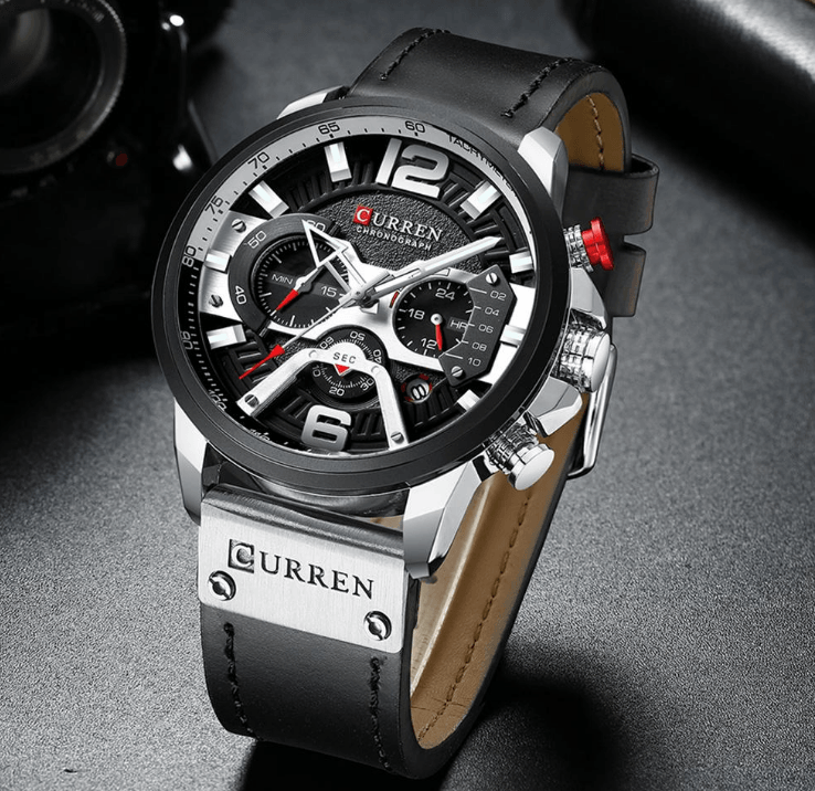 Curren men's chronograph sport watch with black dial, large numerals, stainless steel case, leather strap on Tampa Home & Garden Store