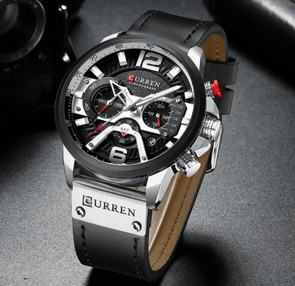 Curren men's chronograph sport watch with black dial, large numerals, stainless steel case, leather strap on Tampa Home & Garden Store