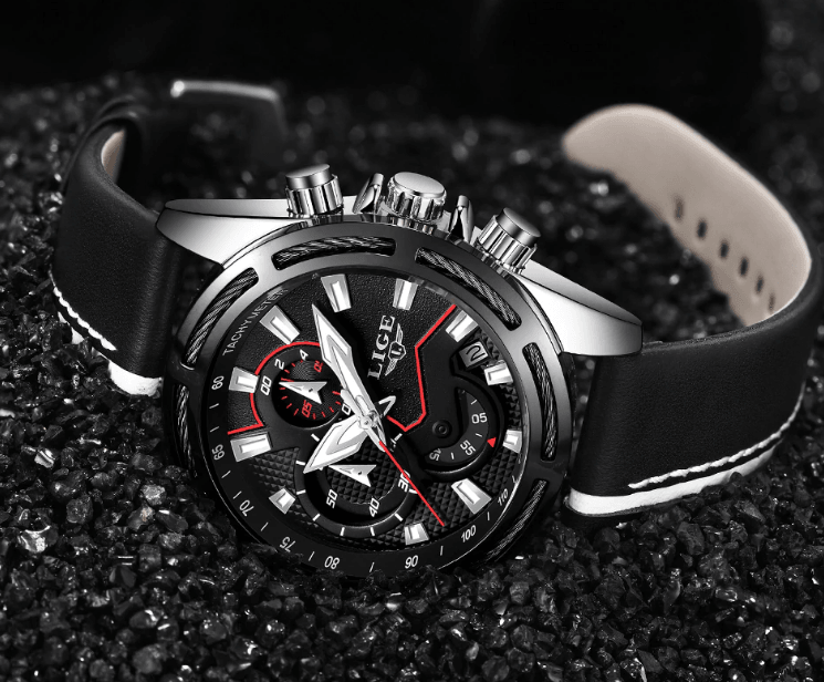Stevvex waterproof men's chronograph watch with black leather strap and silver case on Tampa Home & Garden Store