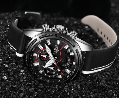 Stevvex waterproof men's chronograph watch with black leather strap and silver case on Tampa Home & Garden Store