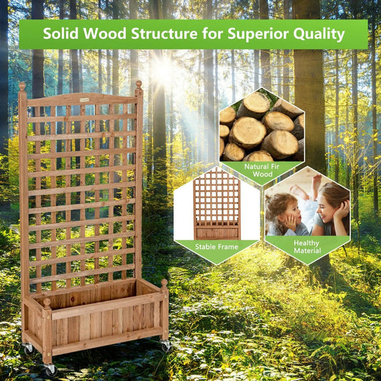 50 Inch Wood Planter Box with Trellis Mobile Raised Bed for Climbing Plant - Tampa Home & Garden Store