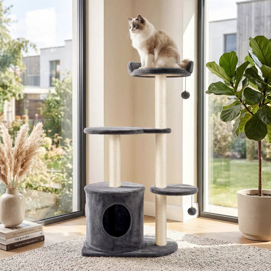 Cat Tree 43in with condo and perches in grey plush; sisal posts, cat on top by DirectDeals on Tampa Home & Garden Store