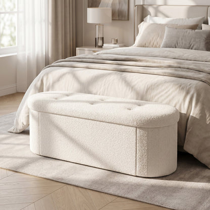 43in folding storage ottoman bench with teddy fleece ivory at foot of bed in a neutral bedroom on Tampa Home & Garden Store