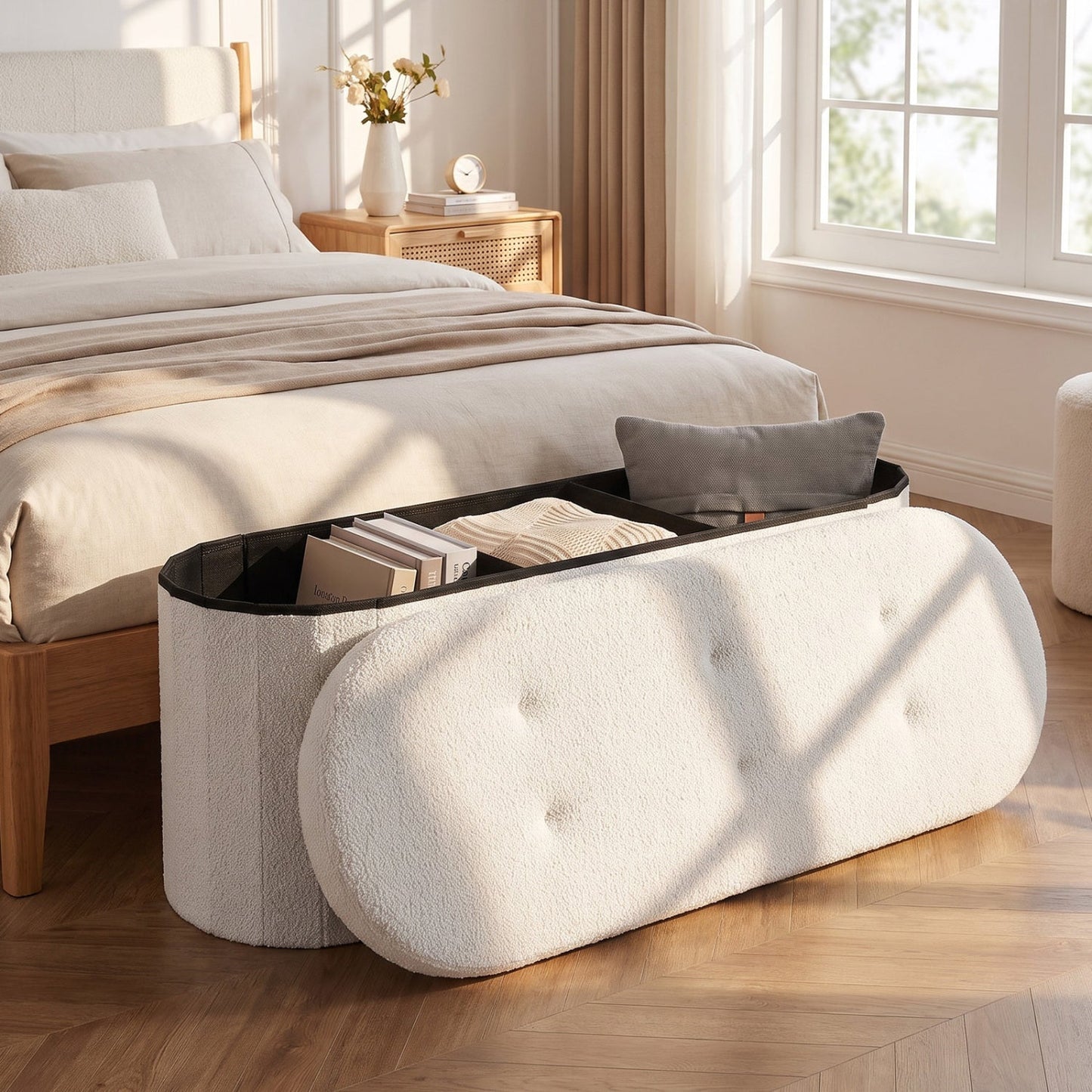 43in Teddy Fleece Folding Storage Ottoman Bench with Dividers, cream fabric at bed foot on Tampa Home & Garden Store