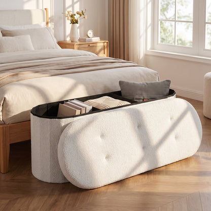 43in Teddy Fleece Folding Storage Ottoman Bench with Dividers, cream fabric at bed foot on Tampa Home & Garden Store