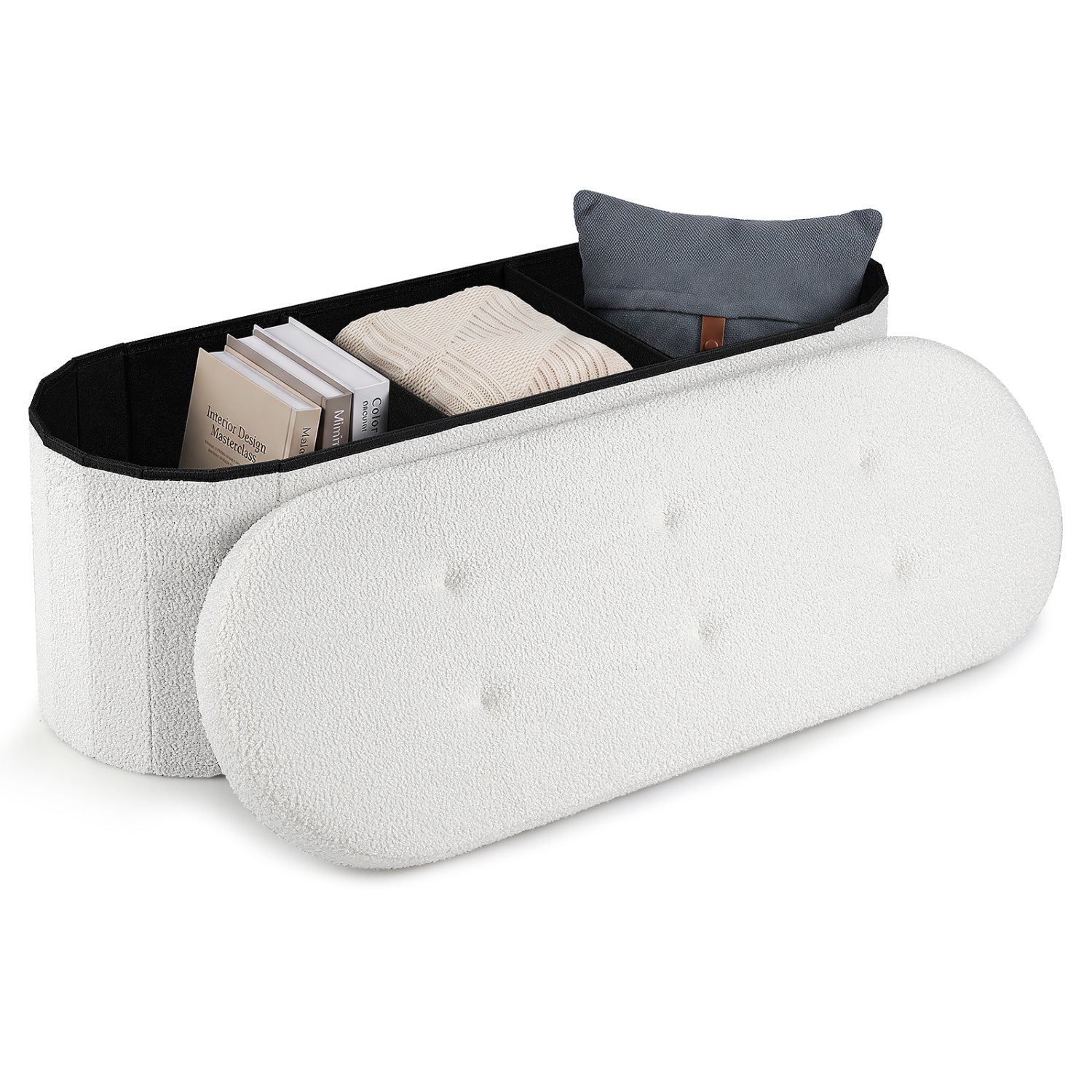 43in Folding Storage Ottoman Bench with Dividers in teddy fleece white exterior on Tampa Home & Garden Store
