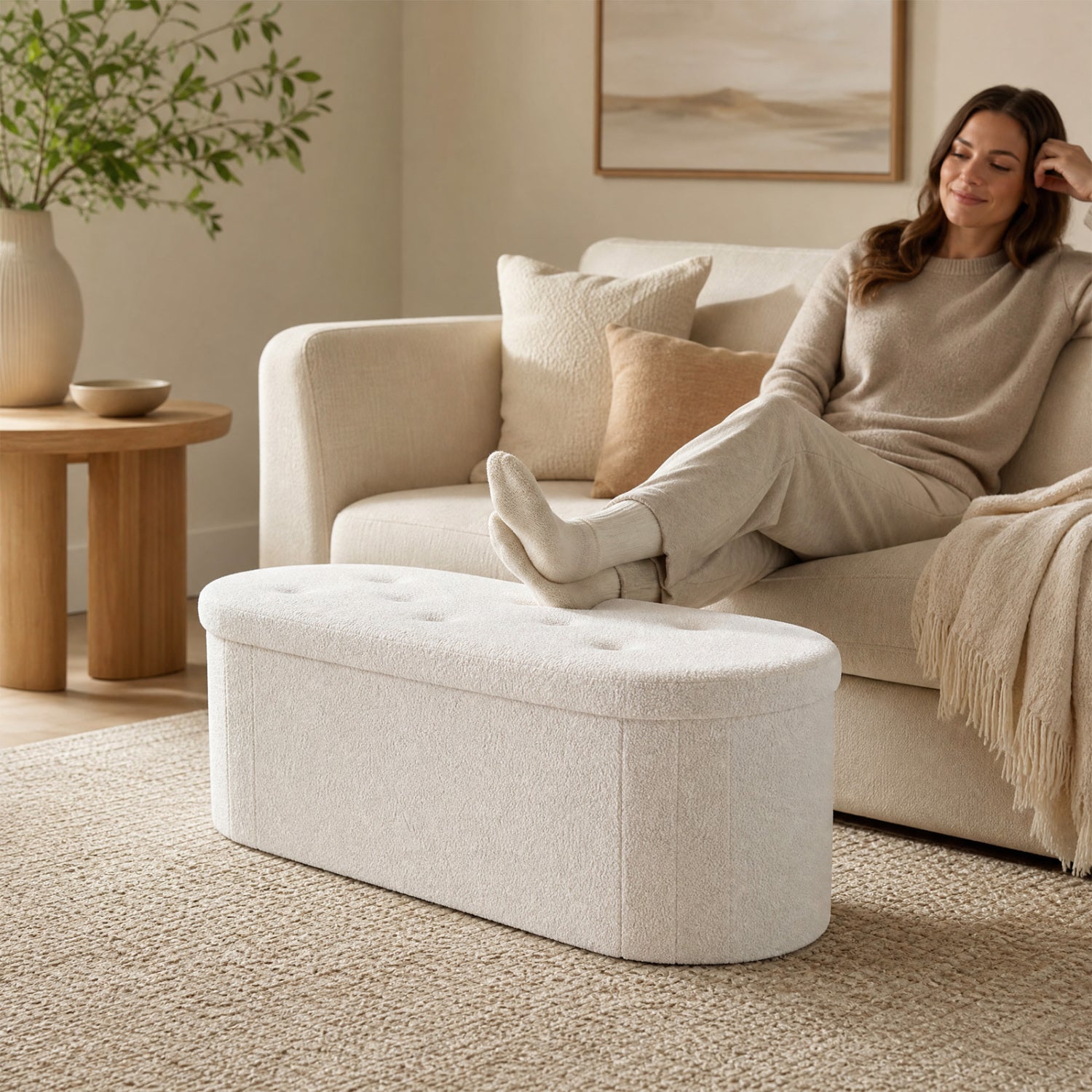 DirectDeals 43in Folding Storage Ottoman with Dividers in cream teddy fleece, round tufted top on Tampa Home & Garden Store