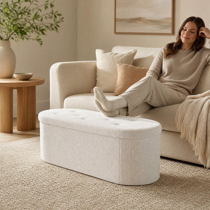 DirectDeals 43in Folding Storage Ottoman with Dividers in cream teddy fleece, round tufted top on Tampa Home & Garden Store