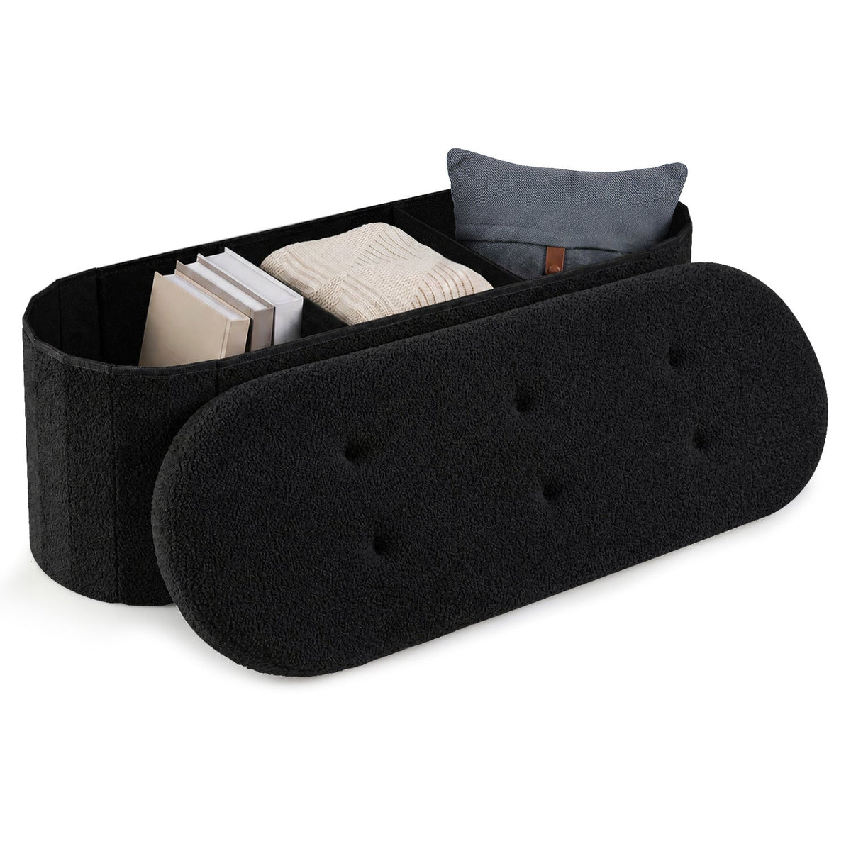 43in folding ottoman bench in black teddy fleece with dividers and books DirectDeals on Tampa Home & Garden Store