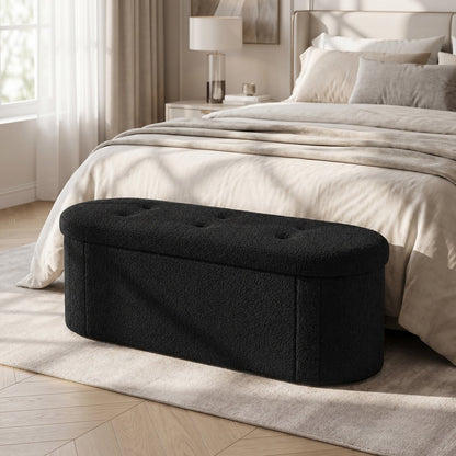 43in folding storage ottoman bench with dividers in black teddy fleece at foot of a beige bed in a calm bedroom on Tampa Home & Garden Store