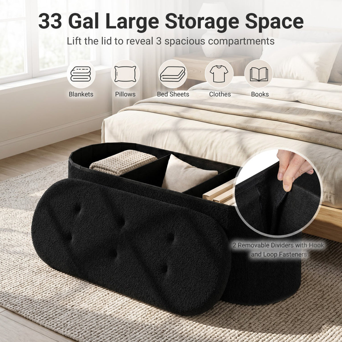 DirectDeals black teddy fleece 43in folding storage ottoman bench with dividers open compartments on Tampa Home & Garden Store