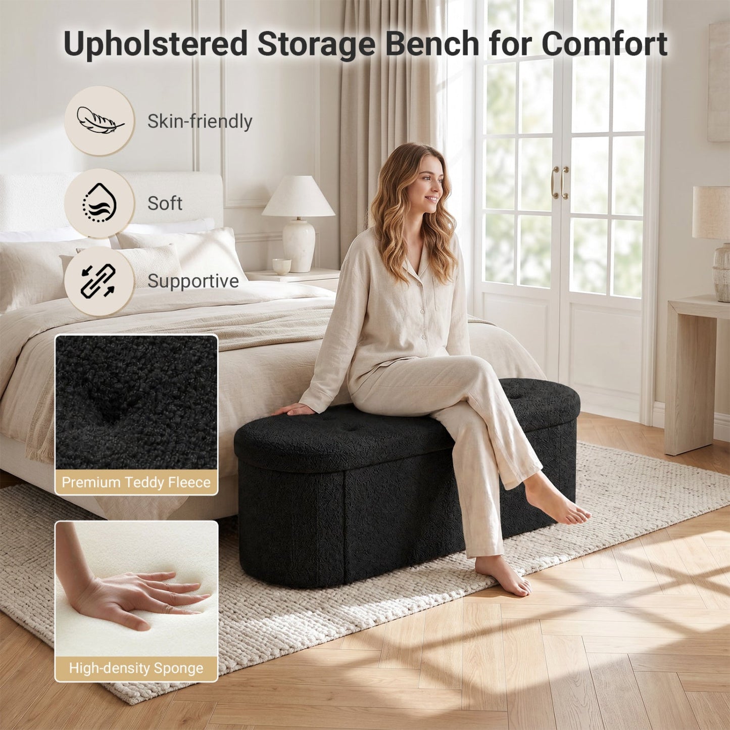 43in Folding Storage Ottoman Bench Dividers Teddy Fleece DirectDeals black fabric on Tampa Store on Tampa Home & Garden Store